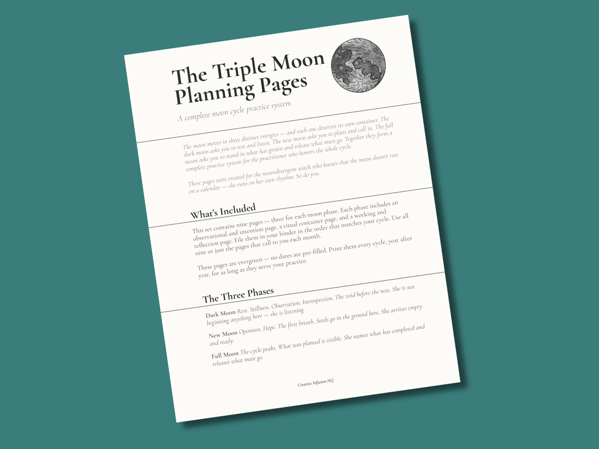 Triple Moon Planning Pages — Printable Lunar Journal Pages for New, Full &amp; Dark Moon Practice