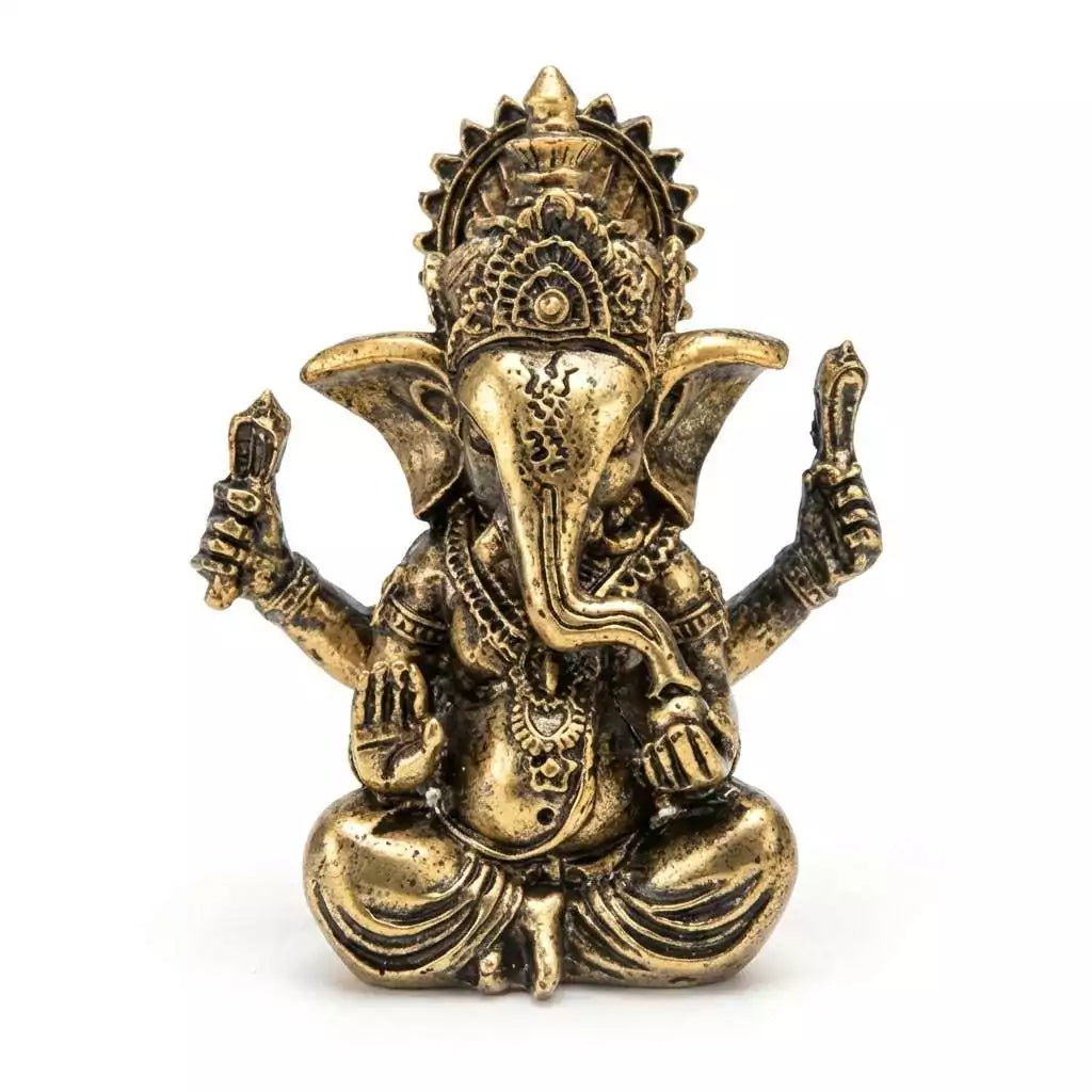 Bronze-toned 3.5-inch resin Ganesha statue in seated Remover of Obstacles pose — compact Hindu deity figurine for home altar and prosperity rituals.
