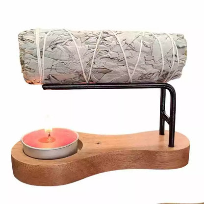 3-in-1 wooden burner shown as a candle holder with a taper candle inserted in the top socket — natural wood grain ritual vessel.