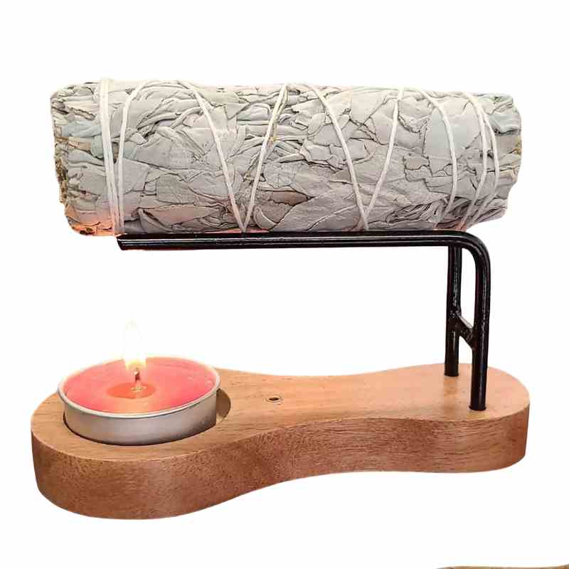 3-in-1 wooden burner shown as a candle holder with a taper candle inserted in the top socket — natural wood grain ritual vessel.