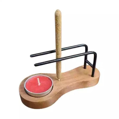 Wooden 3-in-1 burner with incense stick inserted in one of the angled stick holes — multi-function natural wood altar burner.
