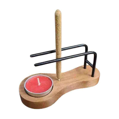 Wooden 3-in-1 burner with incense stick inserted in one of the angled stick holes — multi-function natural wood altar burner.