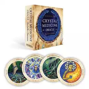 Crystal Medicine Oracle complete box set with circular cards fanned out showing vibrant crystal medicine imagery and guidebook.