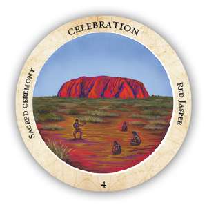 Crystal Medicine Oracle circular card featuring a vibrant red crystal or gemstone illustration with glowing healing energy emanating from the stone.