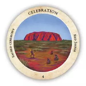 Crystal Medicine Oracle circular card featuring a vibrant red crystal or gemstone illustration with glowing healing energy emanating from the stone.