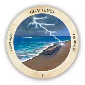 Crystal Medicine Oracle circular card depicting a stormy seascape with lightning striking near the shore, elemental healing imagery.
