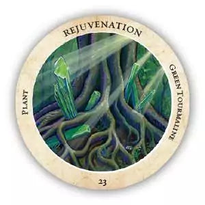 Crystal Medicine Oracle circular card featuring a green tourmaline crystal illustration with energetic healing light emanating from the stone.
