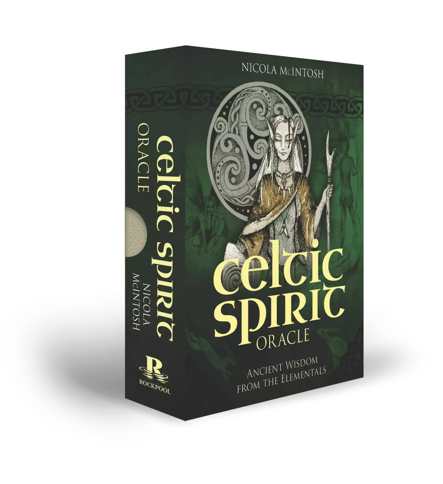 Celtic Spirit Oracle box art featuring detailed green and gold Celtic knotwork with nature motifs