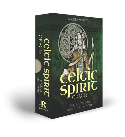 Celtic Spirit Oracle box art featuring detailed green and gold Celtic knotwork with nature motifs