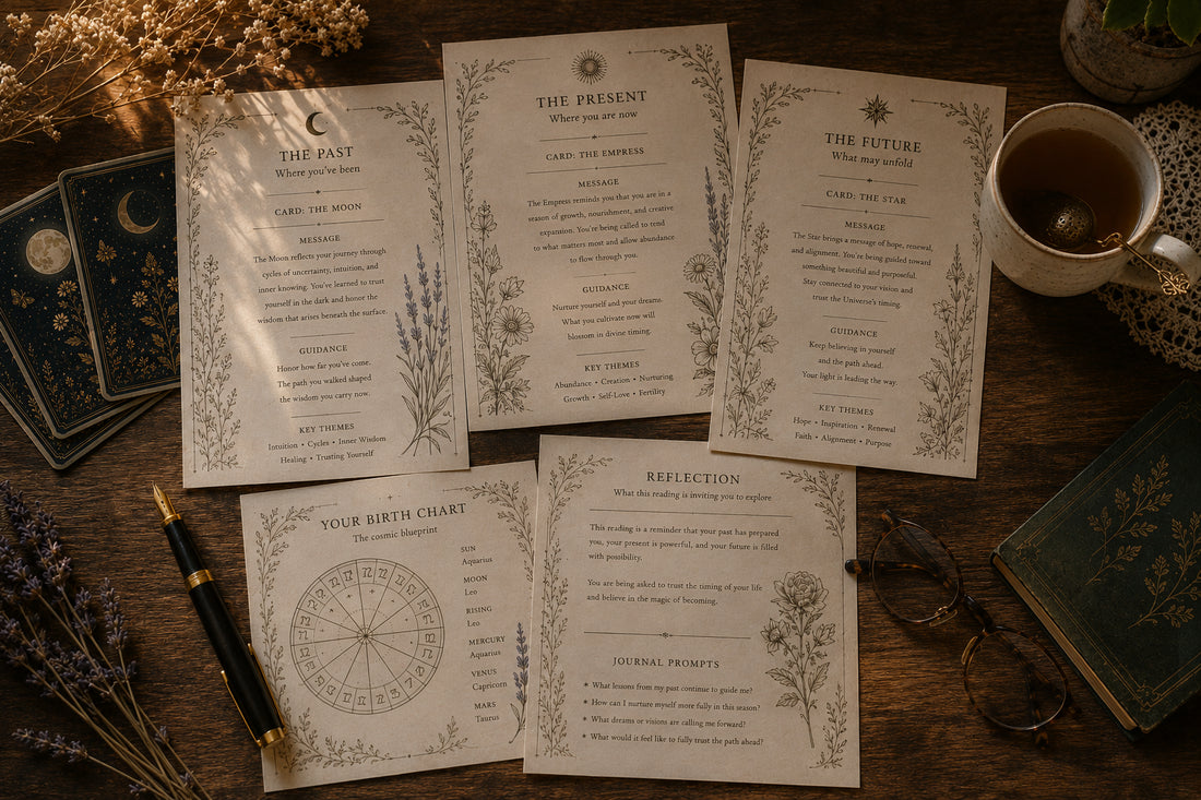 Personalized Three Card Oracle or Tarot Reading with Birth Chart Insights &amp; Keepsake