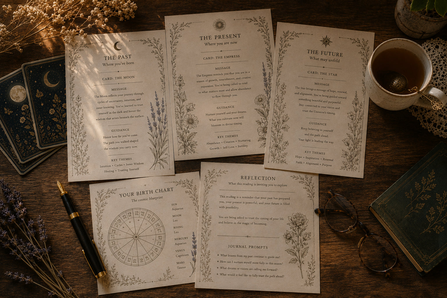 Personalized Three Card Oracle or Tarot Reading with Birth Chart Insights &amp; Keepsake