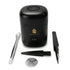 Sonavi 3-inch compact USB electric incense burner in black with decorative design, shown with tweezers, cleaning brush, funnel, and mesh screen — portable no-charcoal bakhoor and oud resin electric heater.