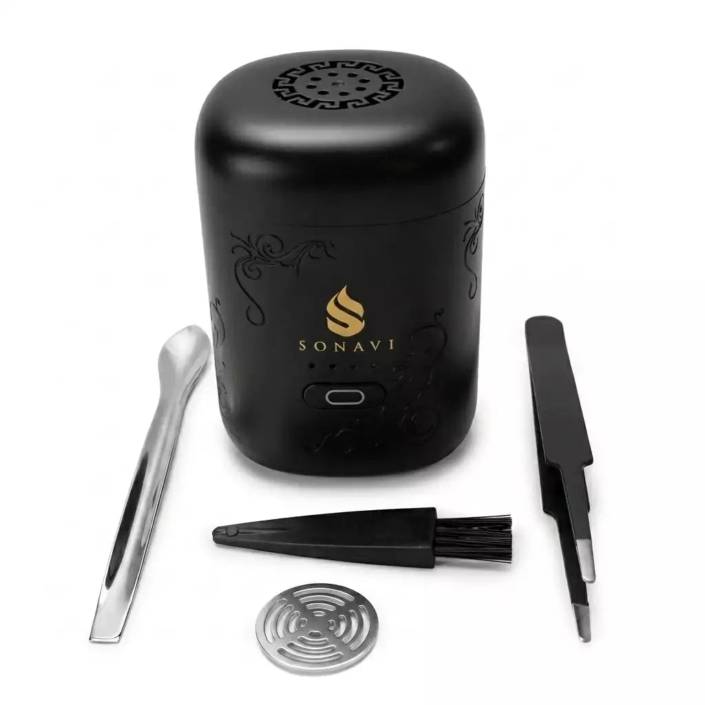 Sonavi 3-inch compact USB electric incense burner in black with decorative design, shown with tweezers, cleaning brush, funnel, and mesh screen — portable no-charcoal bakhoor and oud resin electric heater.