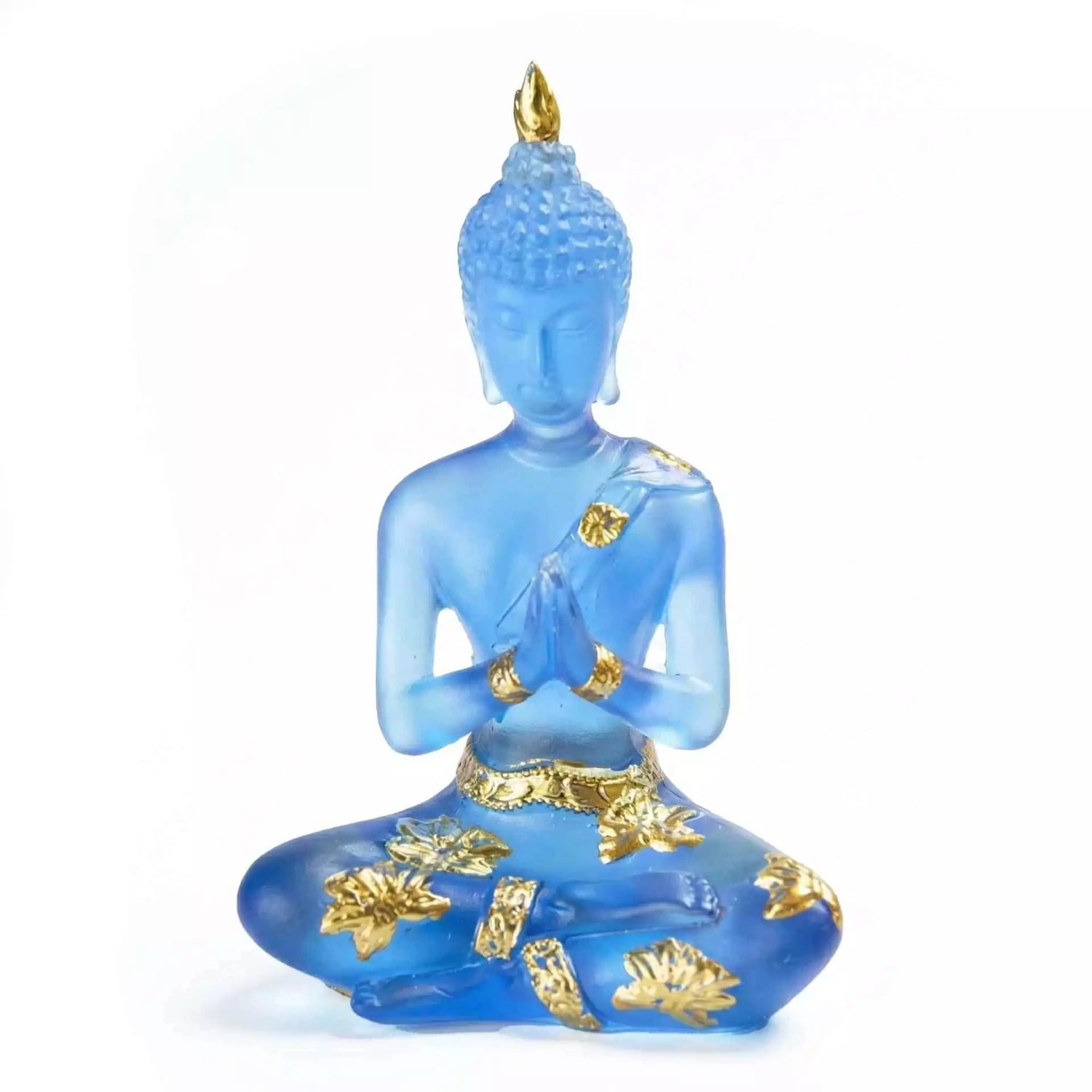 Blue glass-effect resin Buddha statue seated in meditation pose with gold decorative accents for altar or home décor