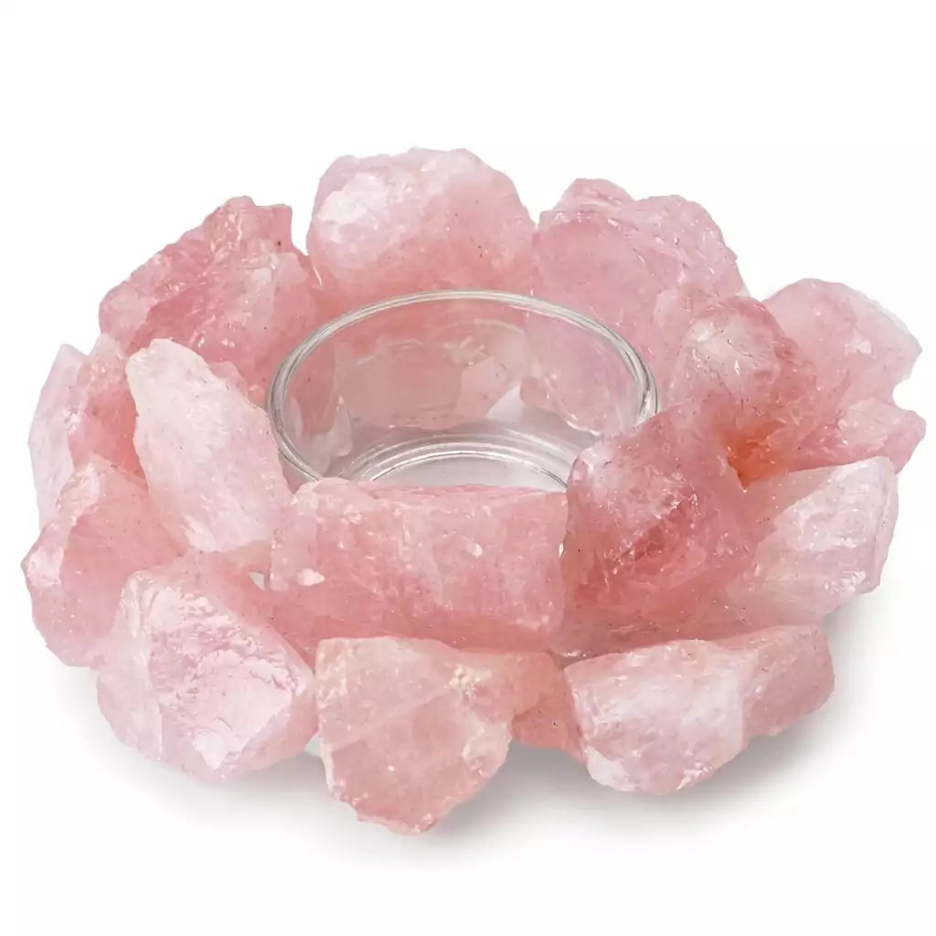 A 4.5-inch natural rose quartz tealight holder with soft pink coloring and natural inclusions, showing a circular carved center cavity for tealight candle placement