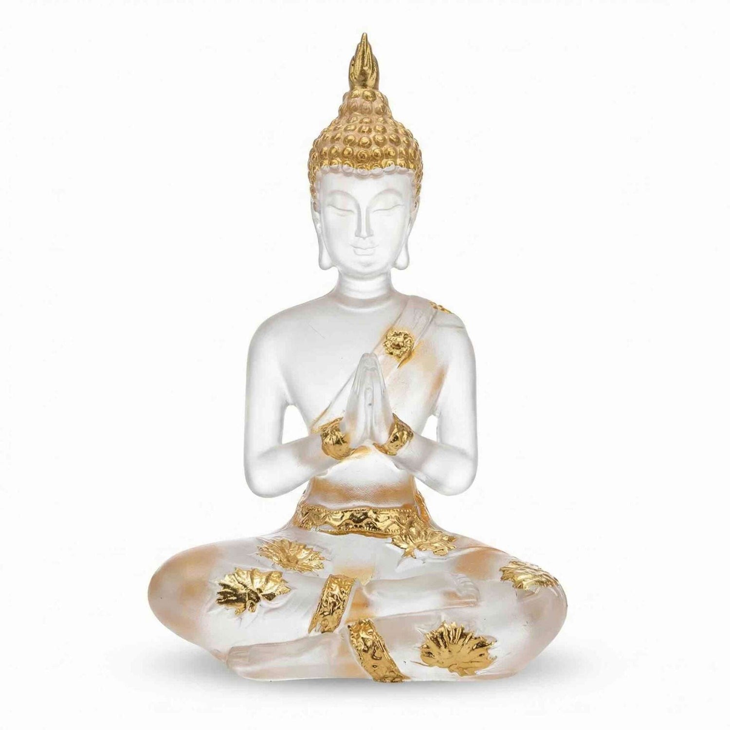 Buddha clear and gold finish statue figurine for spiritual home decor and meditation space, showing serene seated Buddha in dual-tone design