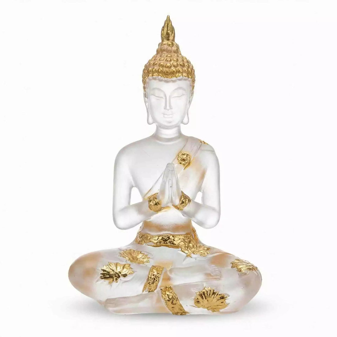 Buddha clear and gold finish statue figurine for spiritual home decor and meditation space, showing serene seated Buddha in dual-tone design