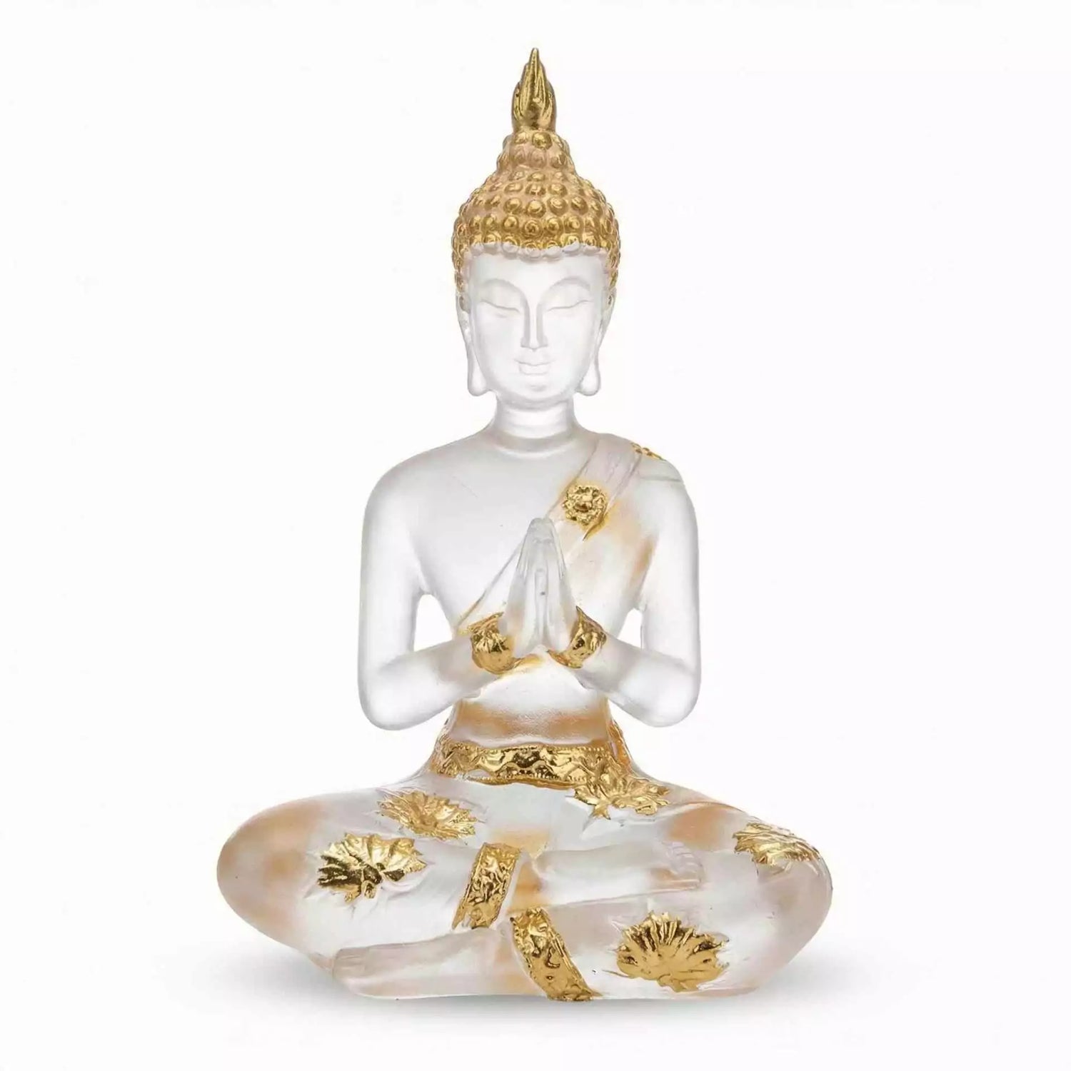 Buddha clear and gold finish statue figurine for spiritual home decor and meditation space, showing serene seated Buddha in dual-tone design