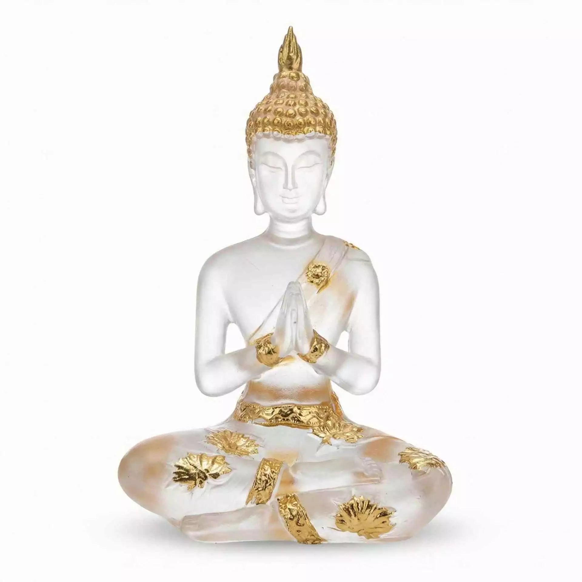 Buddha clear and gold finish statue figurine for spiritual home decor and meditation space, showing serene seated Buddha in dual-tone design