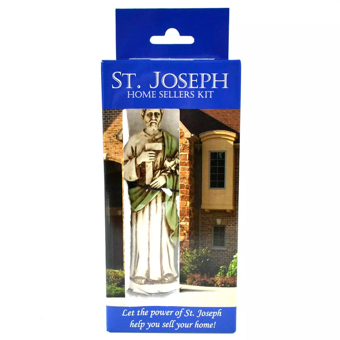 4.75 inch St. Joseph statue in white and gold coloring beside a printed prayer card, for the home seller devotional kit