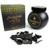 Black jar of Sonavi Agar Oud bakhoor incense chips next to its decorative box, with small dark agarwood chips scattered about — 40g natural agarwood resin blend.