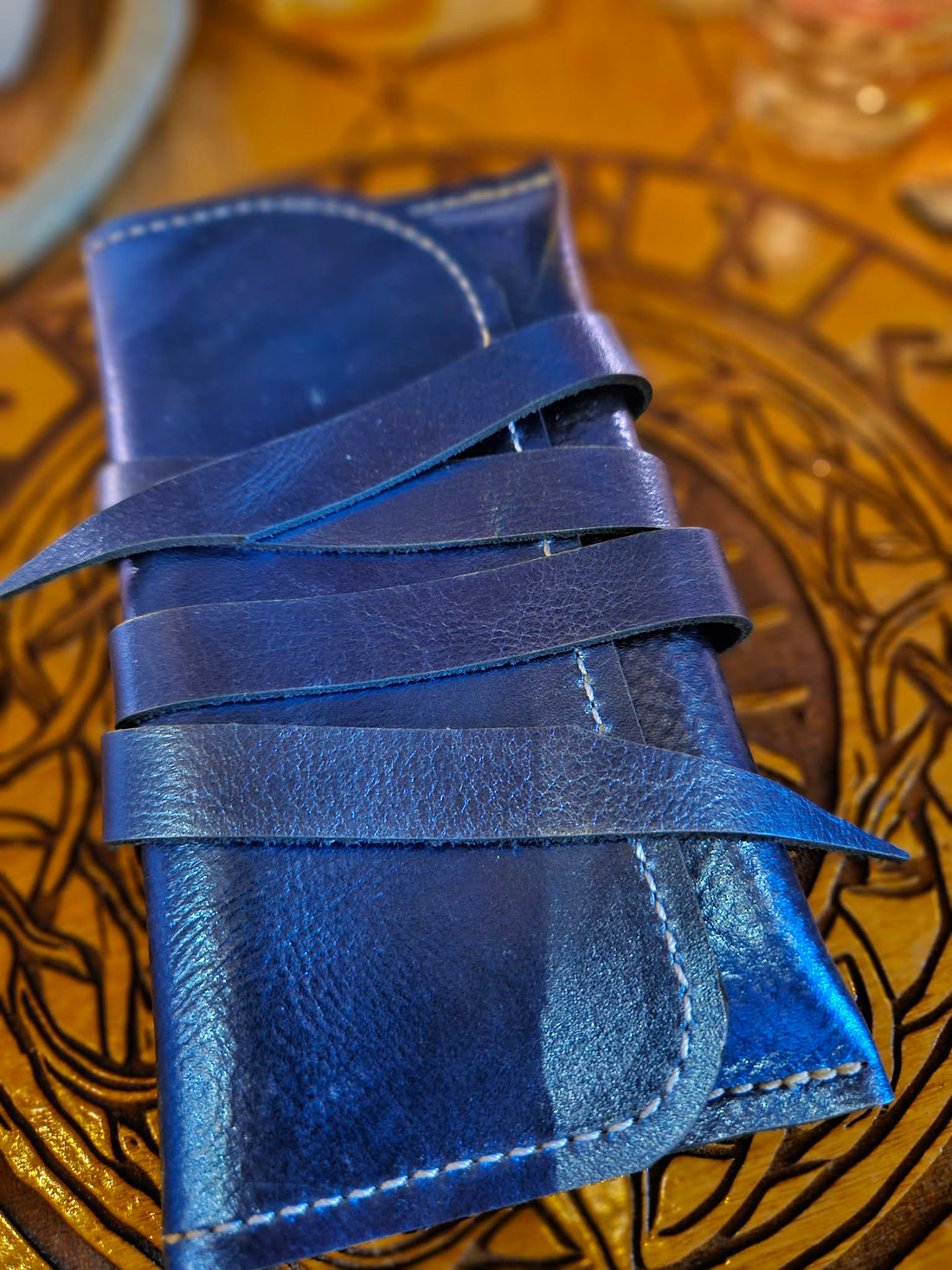 Metallic Blue Leather Tarot Card Case - Handmade