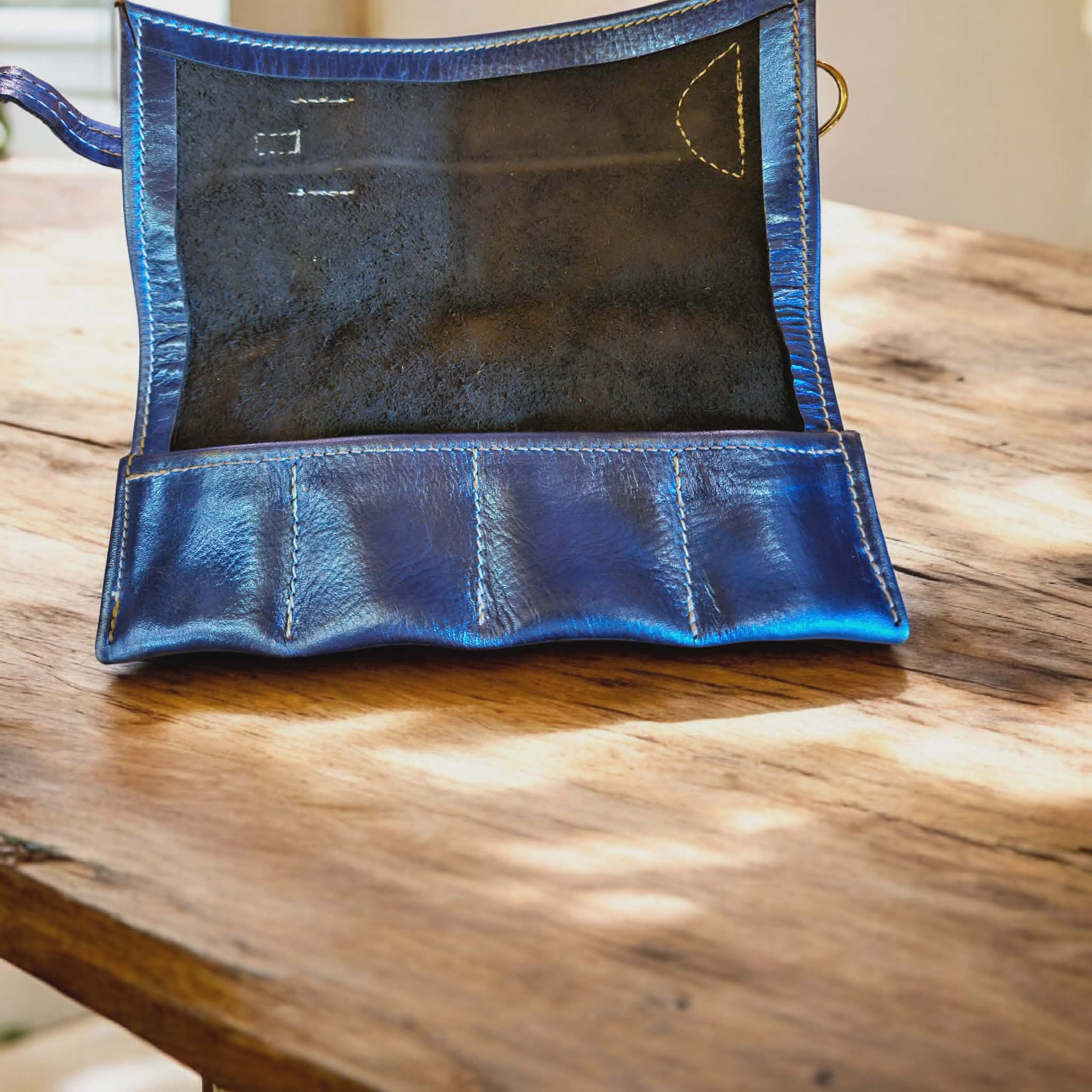 Metallic Blue Leather Oil Pouch - Handmade, Leather