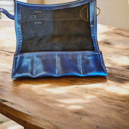 Metallic Blue Leather Oil Pouch - Handmade, Leather