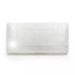 Flat polished white selenite charging plaque measuring 4 by 8 inches, showing smooth satin spar surface with fine fibrous streaks on a neutral background