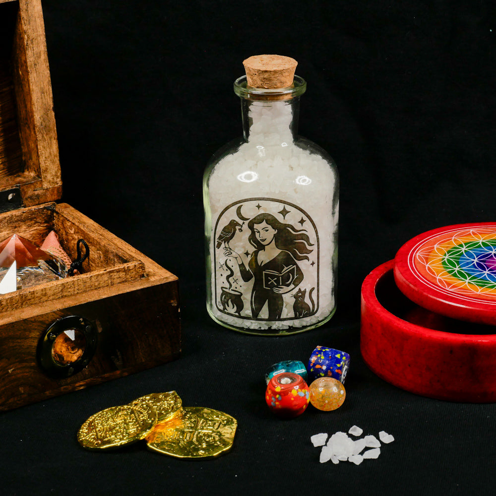 Glass Potion &amp; Ingredients Bottles, Herbs, Spices, with Witchy Design Imprint