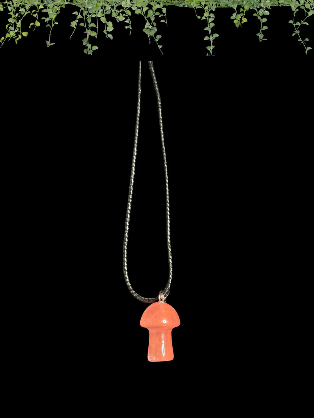 Strawberry Quartz Mushroom Necklace with Black Cord