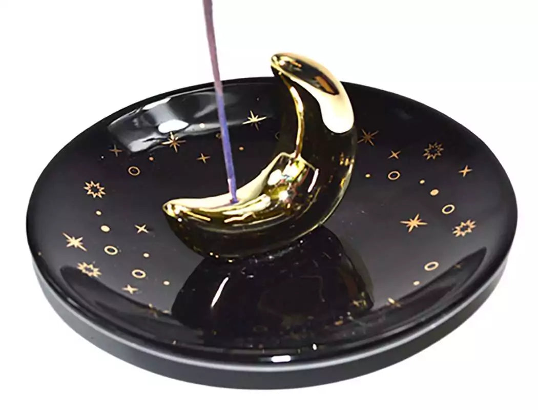 Crescent Moon ceramic incense burner in white with a curved moon shape — lunar ritual incense holder for cones and sticks on a moon altar.