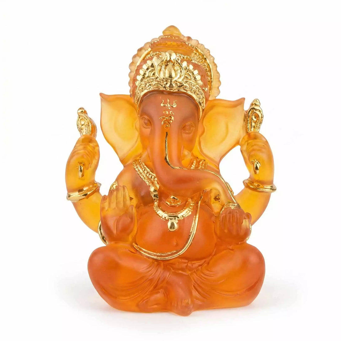 Translucent orange resin Ganesha statue 5 inches tall with gold accent detailing, depicting the elephant-headed Hindu deity Remover of Obstacles for altar and devotional use.