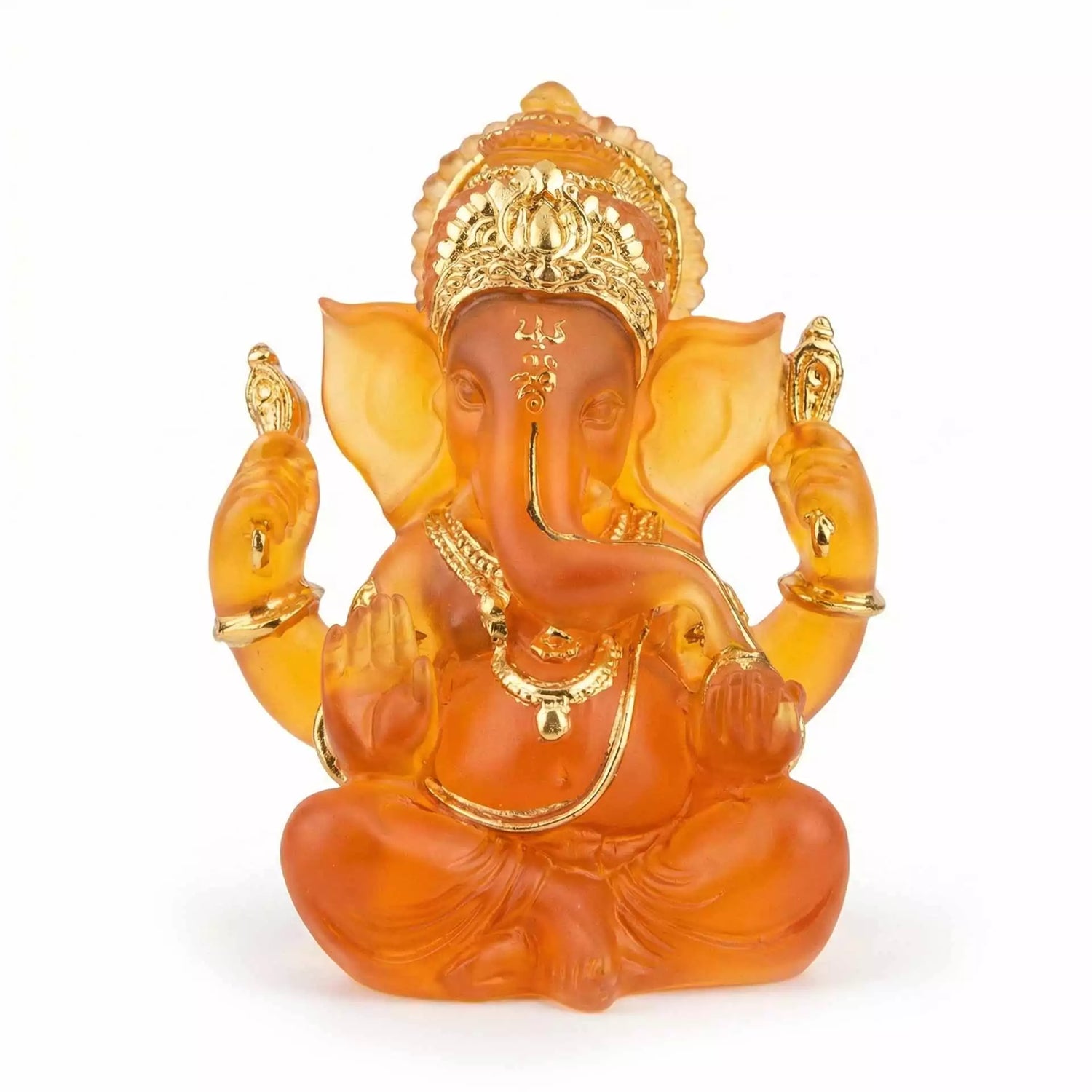 Translucent orange resin Ganesha statue 5 inches tall with gold accent detailing, depicting the elephant-headed Hindu deity Remover of Obstacles for altar and devotional use.