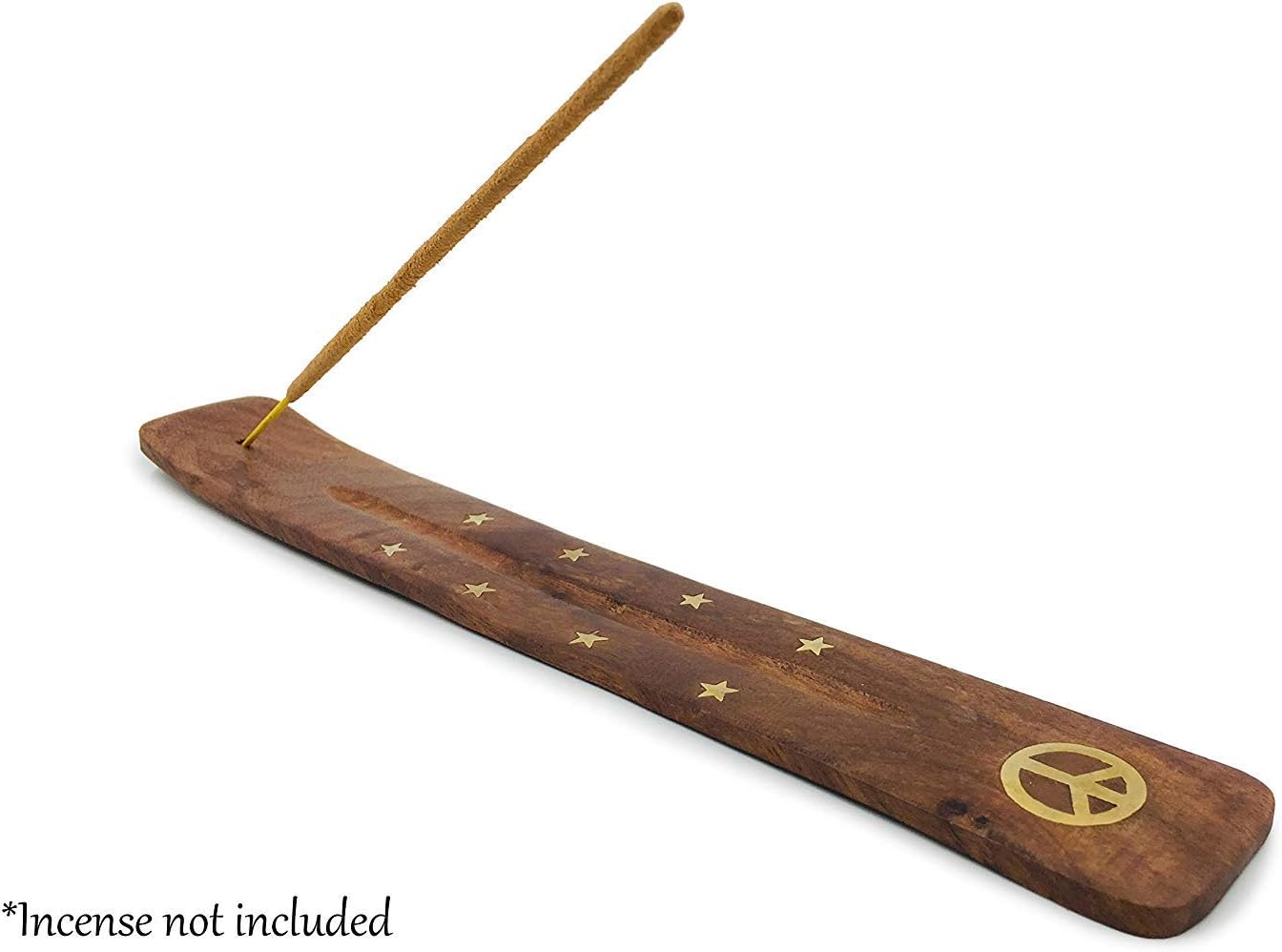 Wood Incense Tray — Brass Inlay Moon, Peace, or Yin Yang (Stick Burner)