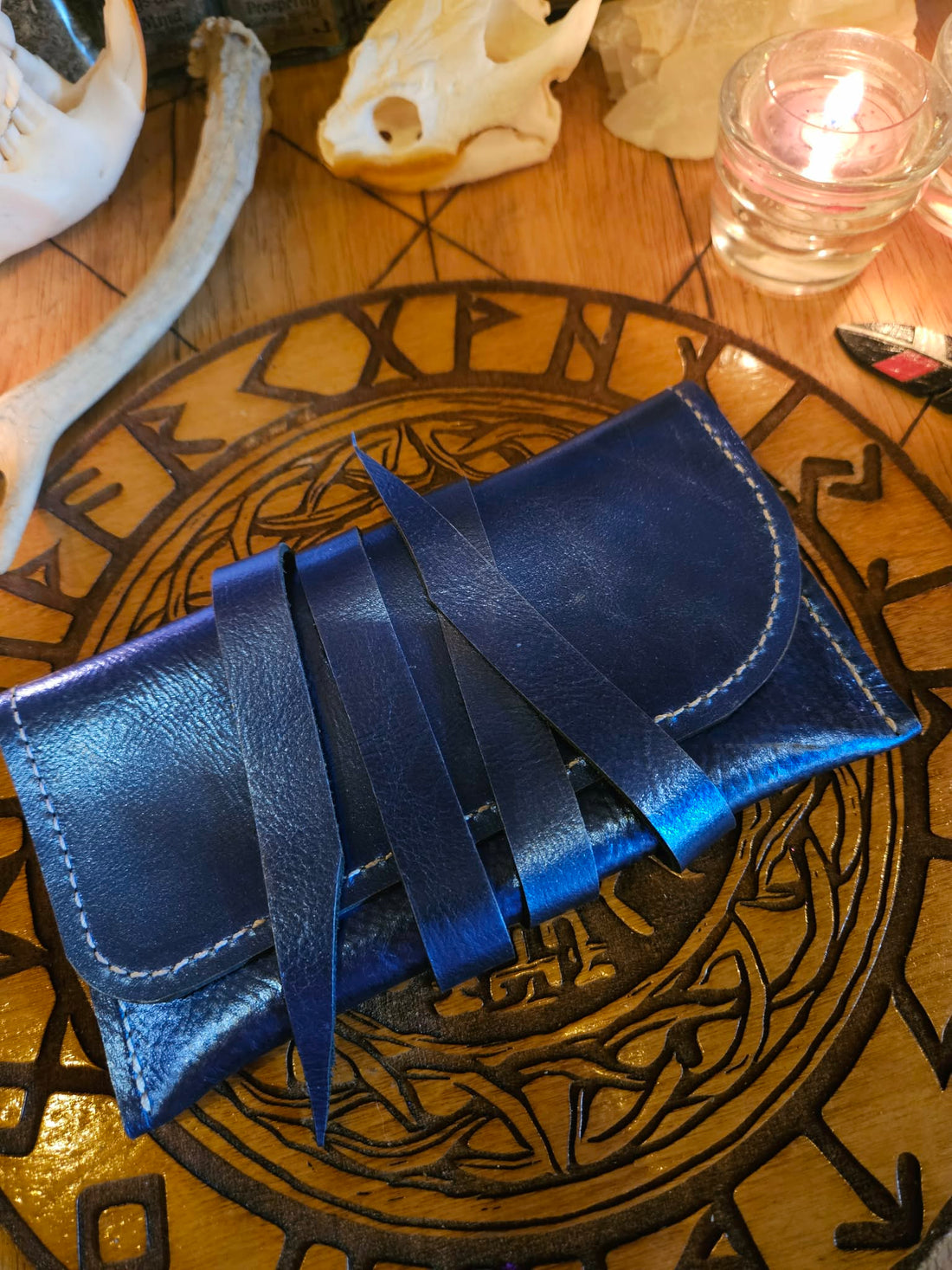 Metallic Blue Leather Tarot Card Case - Handmade