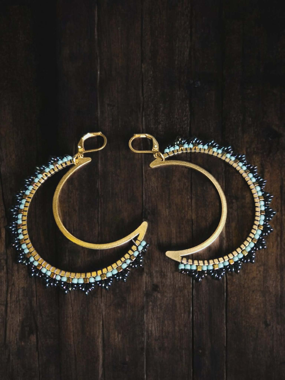 Cypress Tide – Hand-Beaded Crescent Hoop Earrings