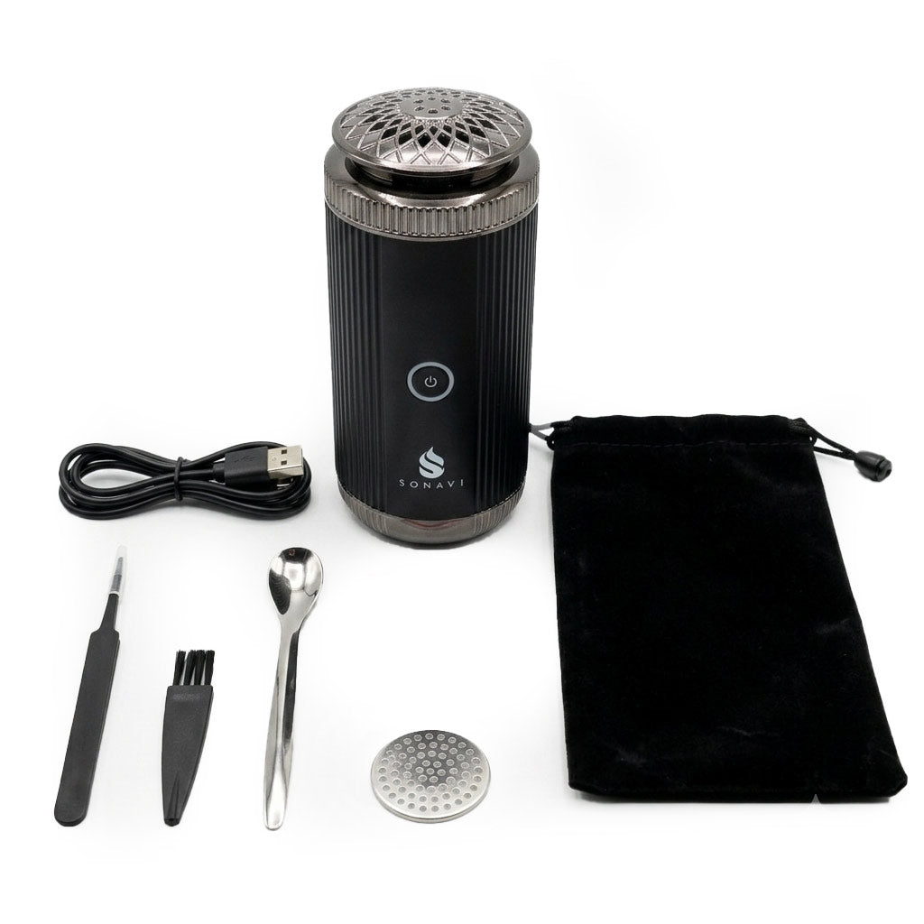 Sonavi 6-inch USB electric incense burner in sleek black, shown with USB charging cable, cleaning tools, mesh screen, and storage pouch — no-charcoal bakhoor and oud resin burner with 2-minute heat cycle.
