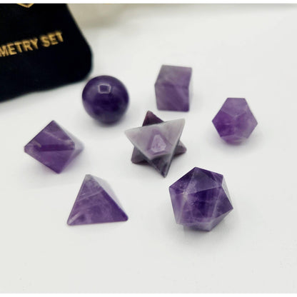 Amethyst 7-Piece Sacred Geometry Crystal Set with Wooden Grid &amp; Velvet Bag
