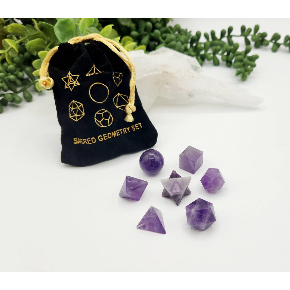Amethyst 7-Piece Sacred Geometry Crystal Set with Wooden Grid &amp; Velvet Bag