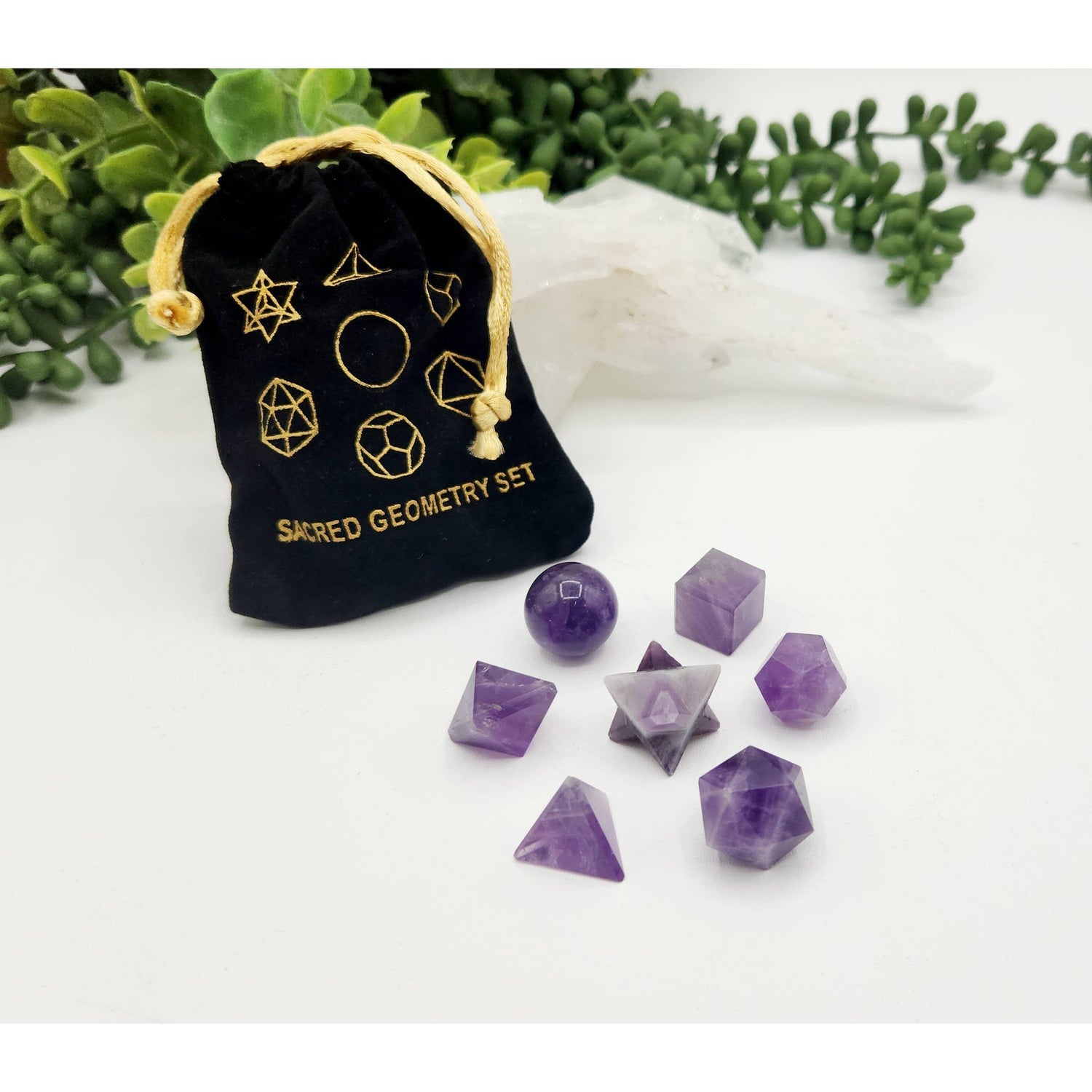 Amethyst 7-Piece Sacred Geometry Crystal Set with Wooden Grid &amp; Velvet Bag