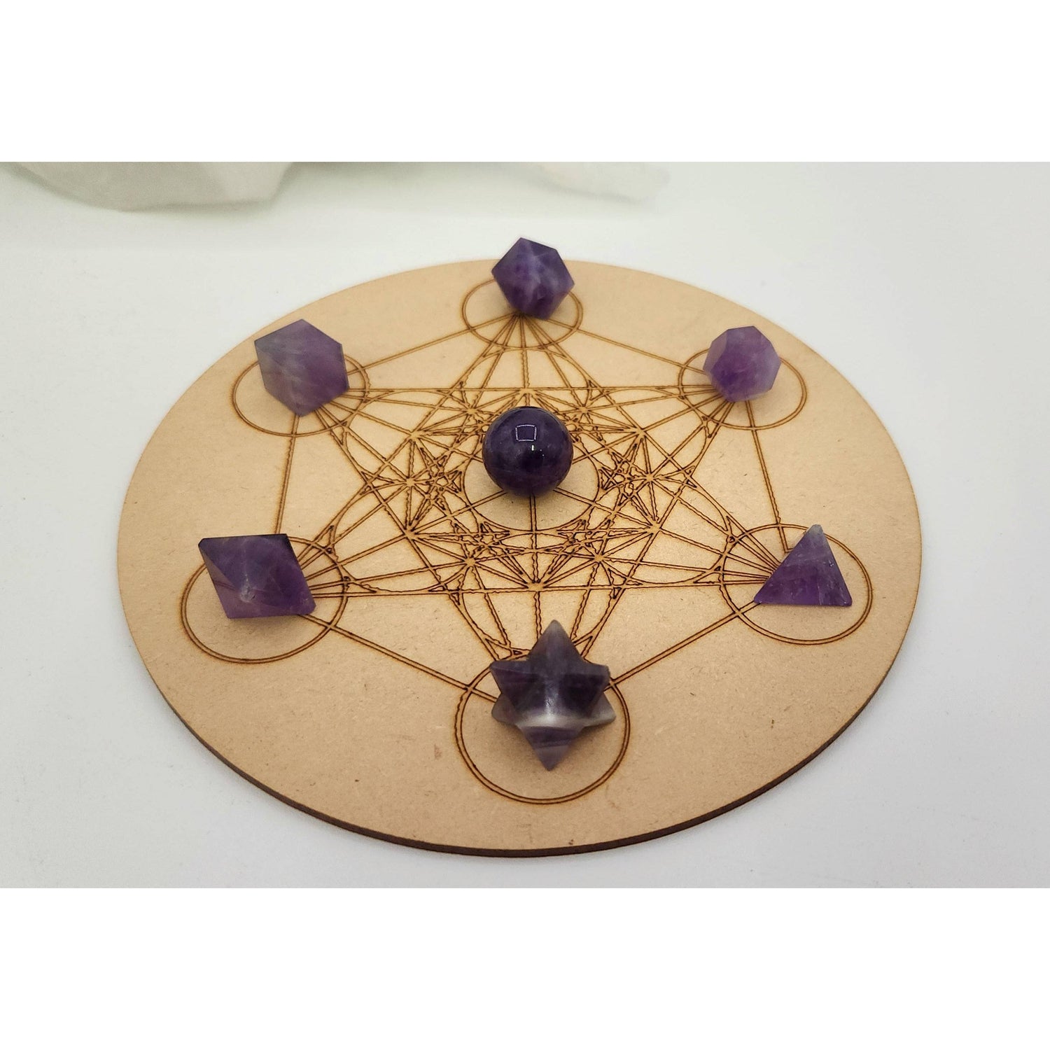 Amethyst 7-Piece Sacred Geometry Crystal Set with Wooden Grid &amp; Velvet Bag