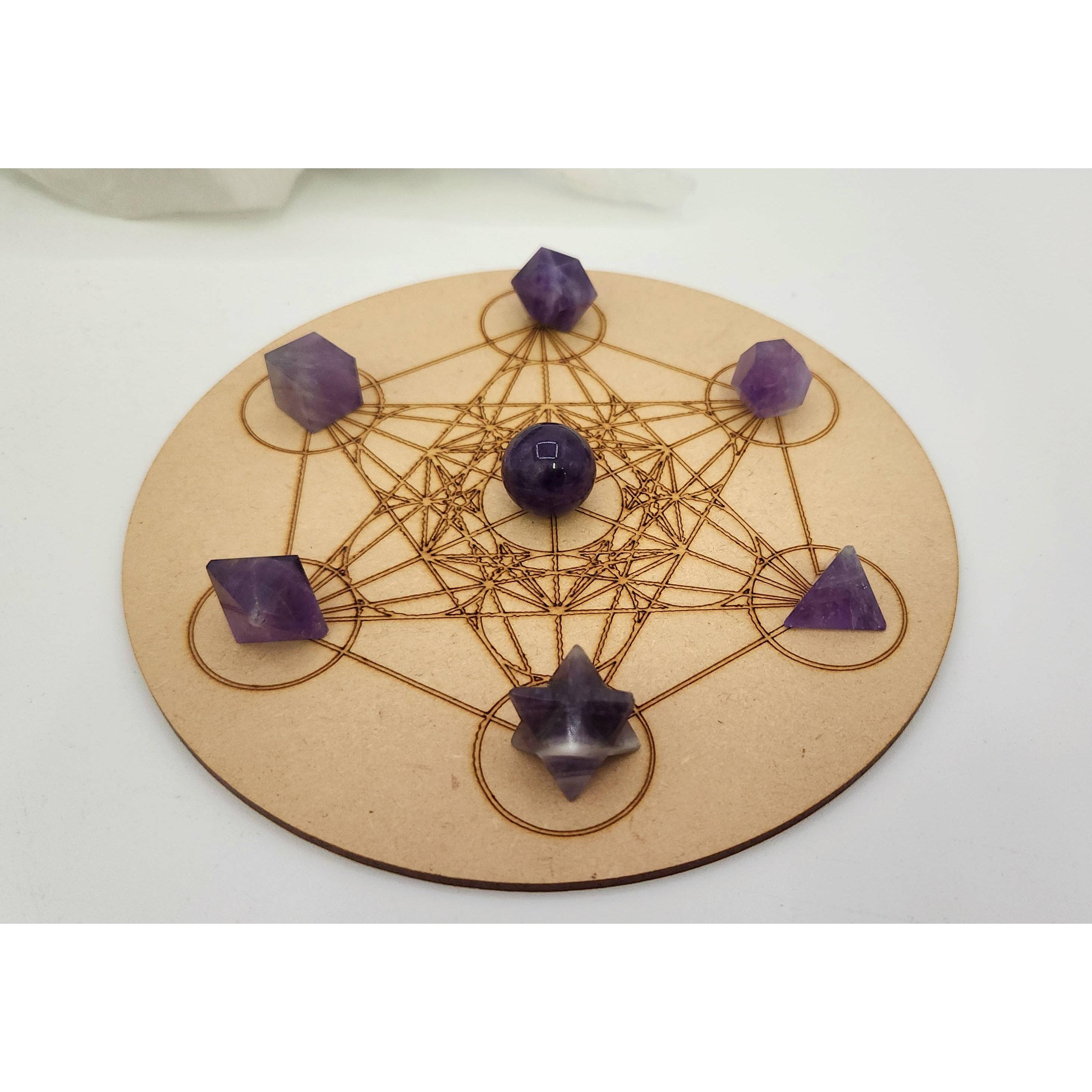 Amethyst 7-Piece Sacred Geometry Crystal Set with Wooden Grid &amp; Velvet Bag