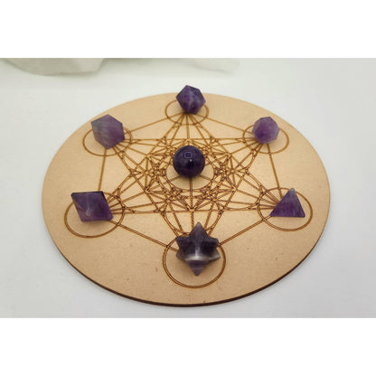 Amethyst 7-Piece Sacred Geometry Crystal Set with Wooden Grid &amp; Velvet Bag
