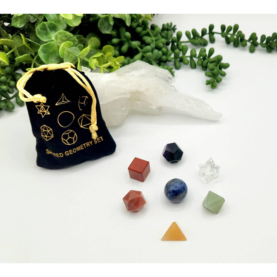 7-Piece Chakra Sacred Geometry Crystal Set with Grid &amp; Velvet Pouch
