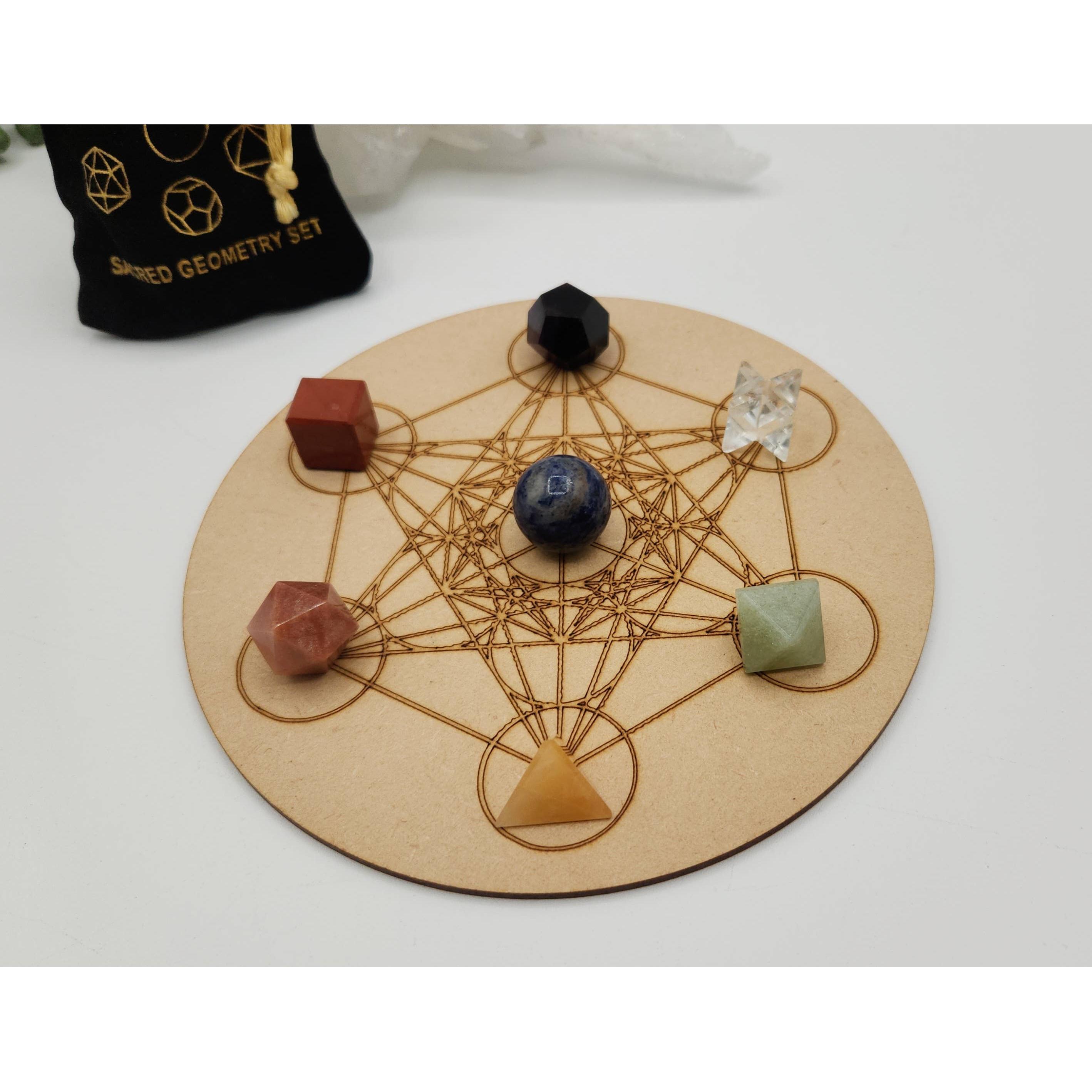 7-Piece Chakra Sacred Geometry Crystal Set with Grid &amp; Velvet Pouch