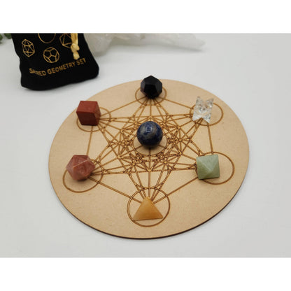 7-Piece Chakra Sacred Geometry Crystal Set with Grid &amp; Velvet Pouch