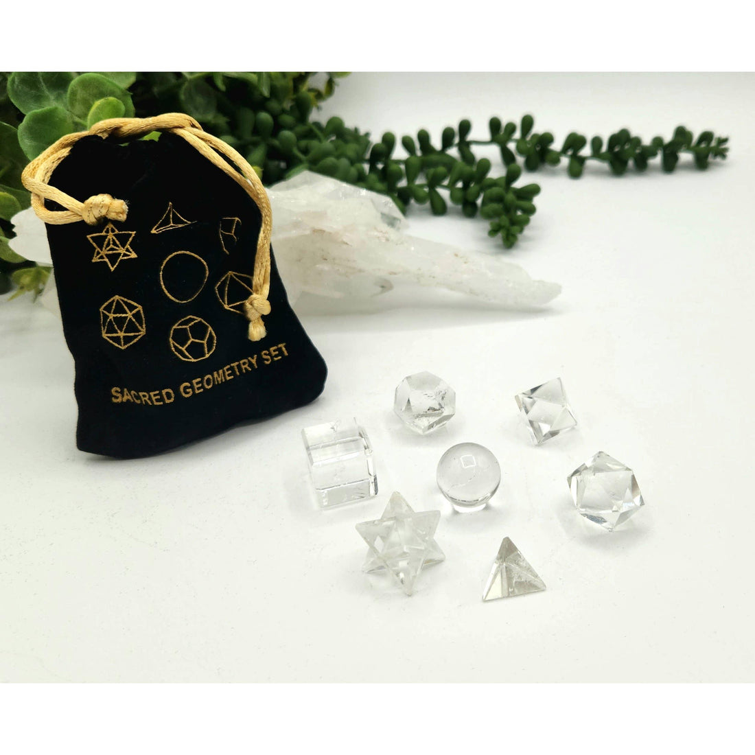 Clear Quartz Sacred Geometry Set – 7 Carved Crystals + Merkaba &amp; Sphere with Grid &amp; Pouch
