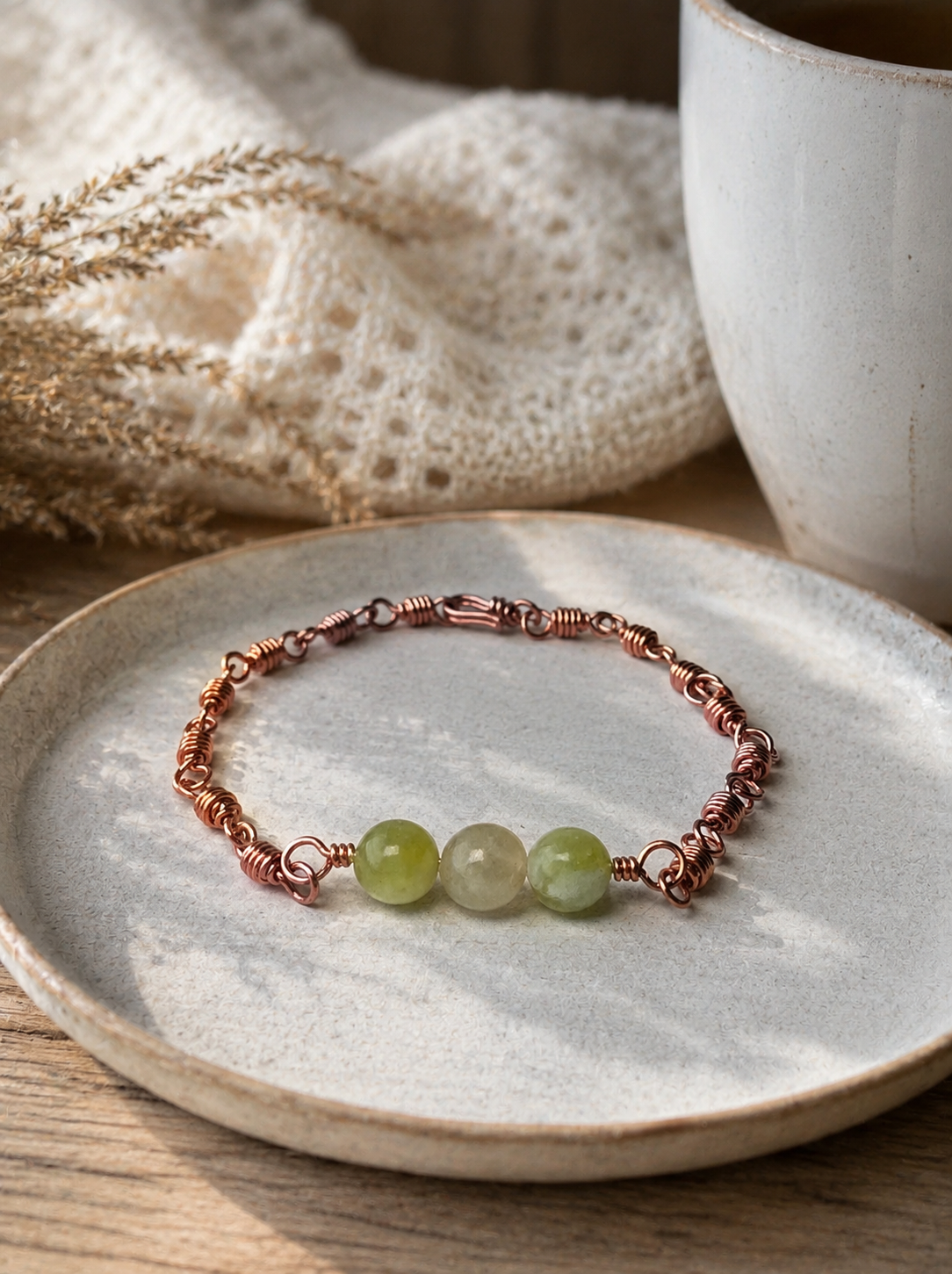 Jade &amp; Copper Wire Wrapped Bracelet