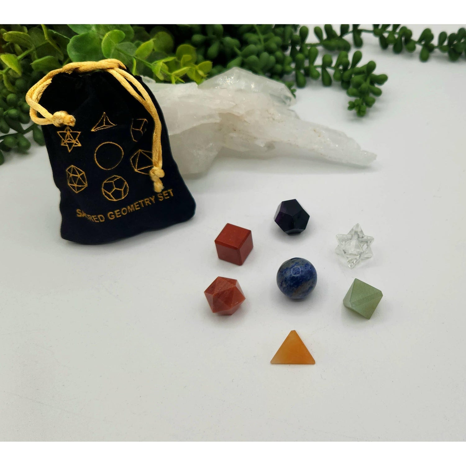 7-Piece Chakra Sacred Geometry Crystal Set with Grid &amp; Velvet Pouch